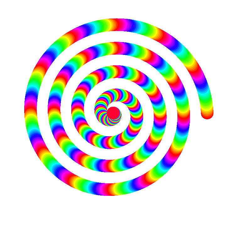 Vibrant rainbow-colored spiral with concentric bands creating a hypnotic optical illusion on white background.