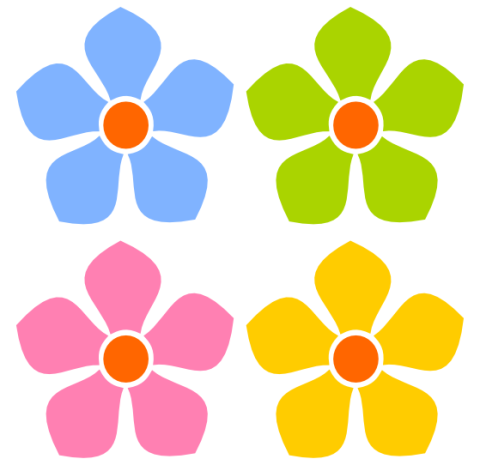 Four colorful stylized flowers-blue, green, pink, and yellow-with orange centers on white background.