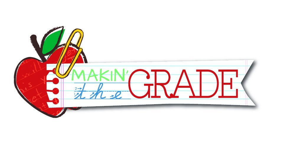 Red apple with green leaf and yellow paperclip holding lined paper banner reading "MAKIN' the GRADE" in colorful handwritten style.