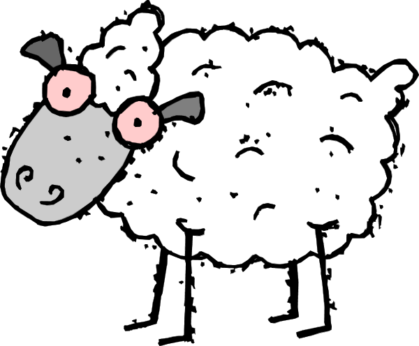 A cartoon sheep with a gray face, pink eyes, and fluffy white wool, standing against a black background.