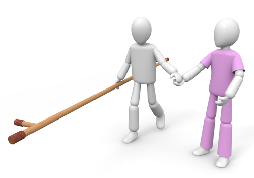 Two 3D figures-one holding a lever, the other assisting-symbolizing teamwork and mechanical advantage.