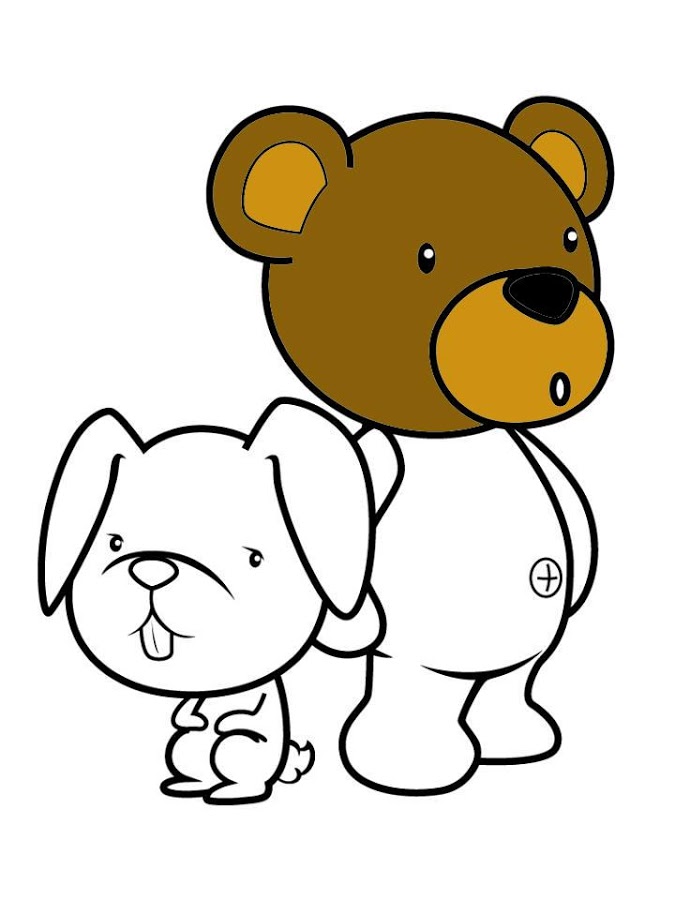 A friendly brown teddy bear stands beside a small white puppy with its tongue out, both in cartoon style.