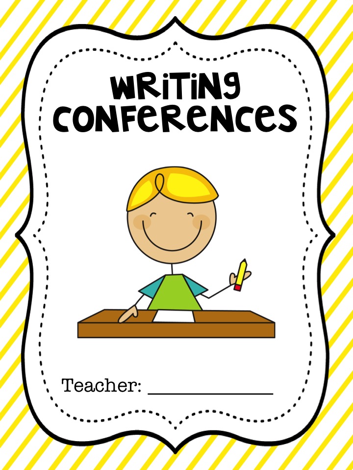 Smiling cartoon student at desk holding pencil, titled "Writing Conferences" on yellow-striped background.