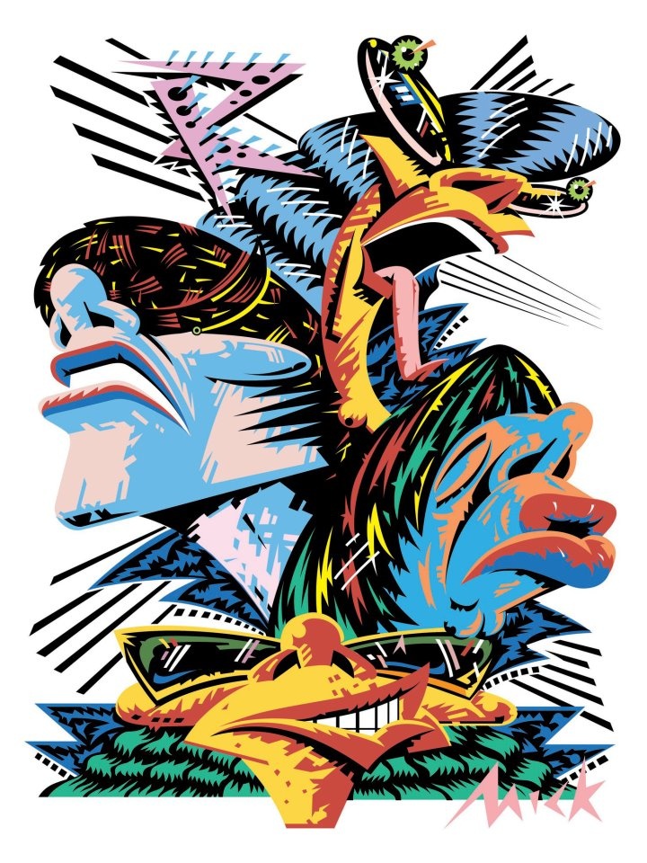 Vibrant pop-art collage featuring distorted faces, bold colors, geometric shapes, and dynamic motion lines in a retro-futuristic style.