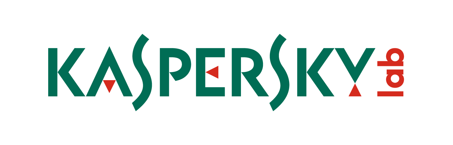 Kaspersky logo featuring green text with red geometric accents on white background.