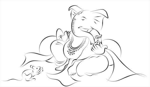 Line art illustration of Lord Ganesha seated with his mouse companion, adorned with traditional ornaments and a serene expression.