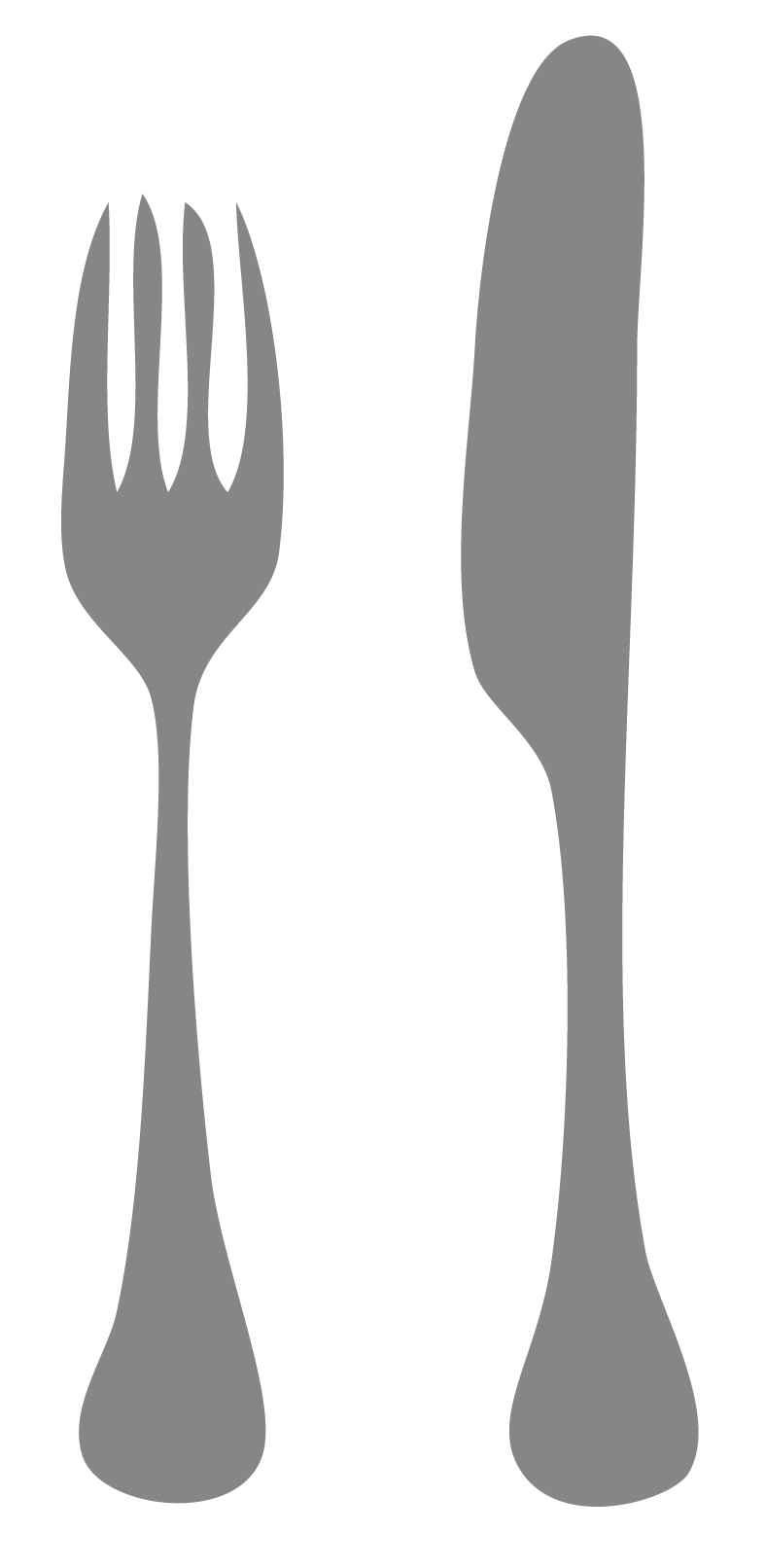 Gray silhouette of a fork and knife side by side on white background