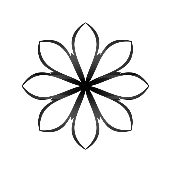 Black and white stylized eight-petal flower logo with gradient shading and clean lines.