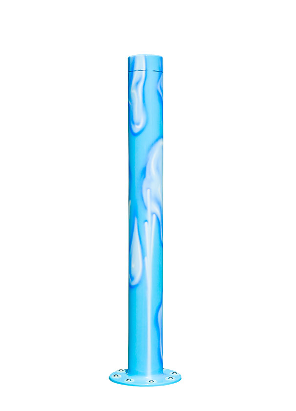 Tall blue bollard with white wave-like patterns and circular base, isolated on white background.