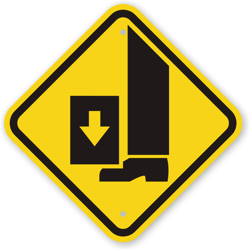Yellow diamond-shaped warning sign indicating a divided highway ahead with a vertical barrier and downward arrow.