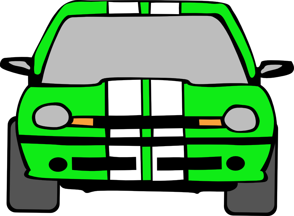 Bright green cartoon sports car with white racing stripes and bold front grille design.
