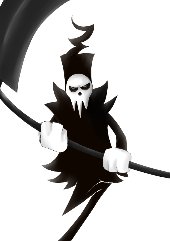 Stylized cartoon grim reaper with skull face, black robe, and scythe, posed dynamically against white background.