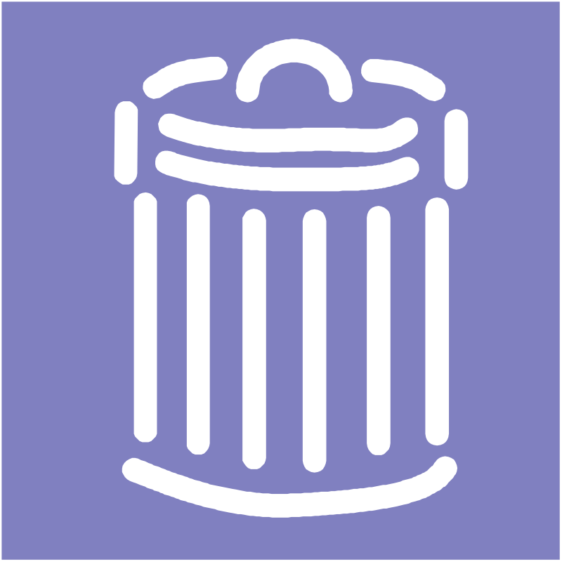 White minimalist trash can icon on purple background, stylized with vertical slats and a lid.