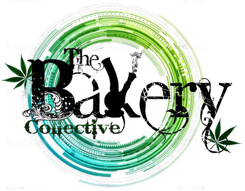 The Bakery Collective logo featuring stylized text, cannabis leaves, and green digital rings.