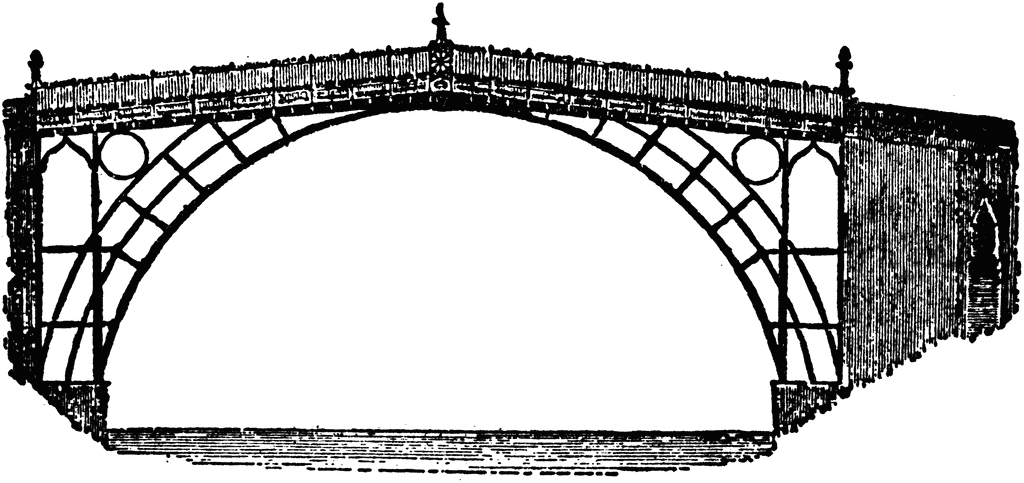 Vintage architectural illustration of an ornate iron arch bridge with Gothic-style tracery and decorative railings.
