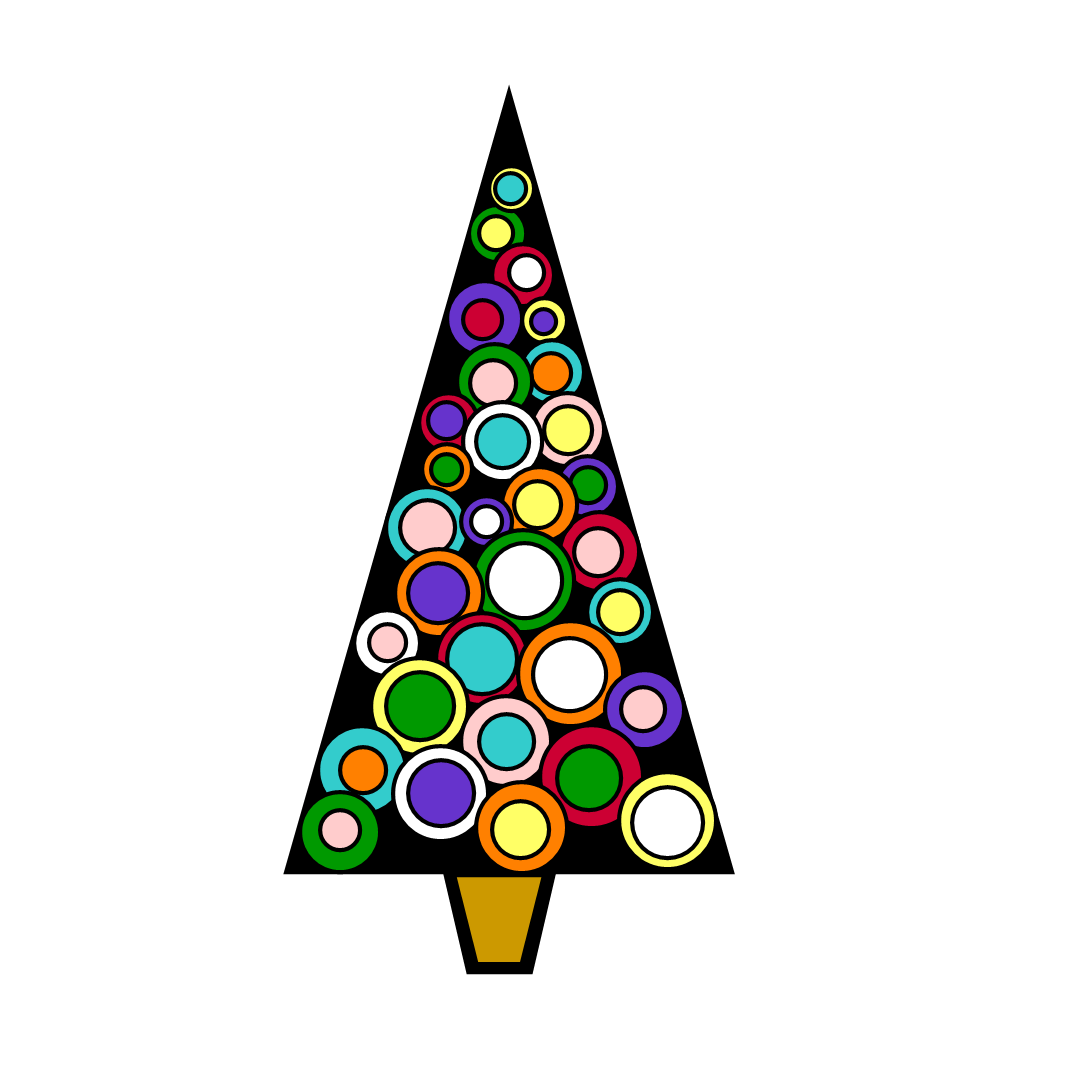 Colorful abstract Christmas tree made of overlapping circles on black background, with gold base.