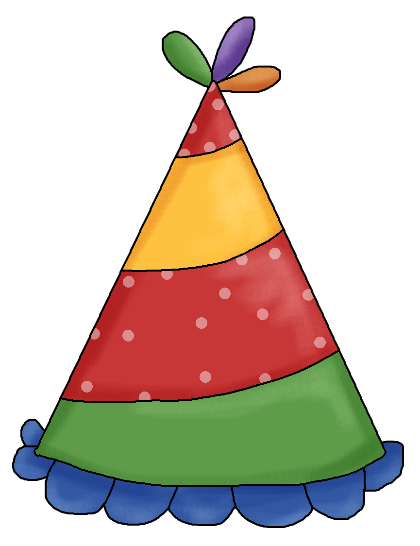 Colorful party hat with red, yellow, green stripes, polka dots, and blue ruffled base.