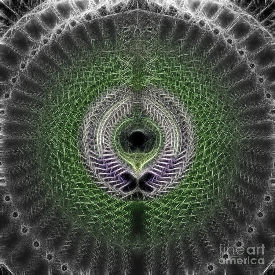 Abstract fractal artwork with green and white concentric patterns resembling a cosmic eye or neural network.