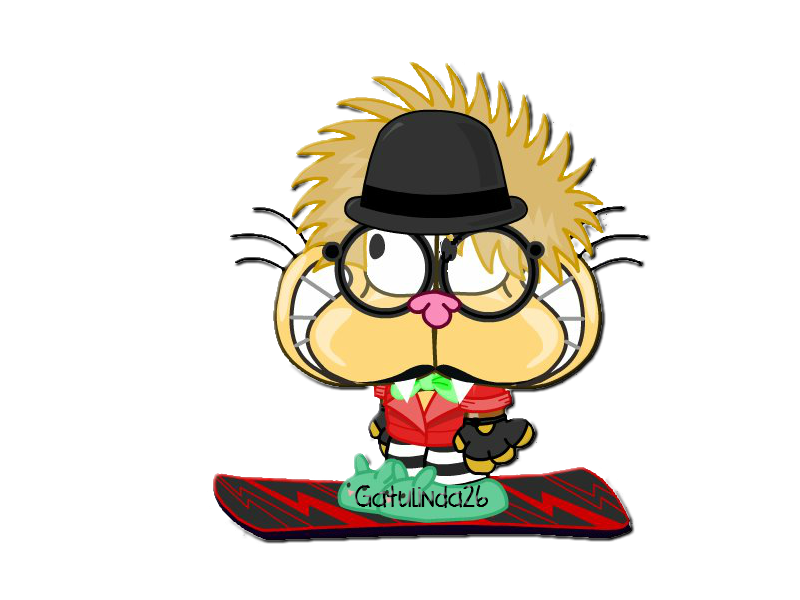 Cartoon lion with spiky blond hair, bowler hat, glasses, red jacket, and snowboard labeled "CaffeLinda126".