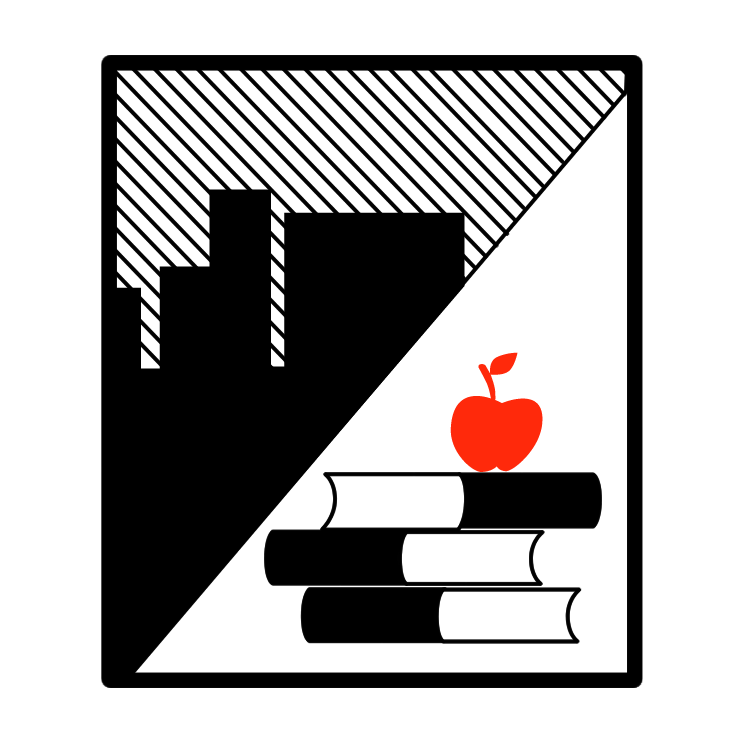 Urban Education Icon - Books, Apple, and Cityscape Symbolism