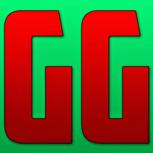 Bold red "GG" letters on vibrant green background, stylized gaming emblem.