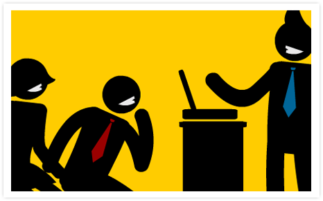 Three stick-figure businesspeople in a meeting; one presents at a podium while others listen attentively.