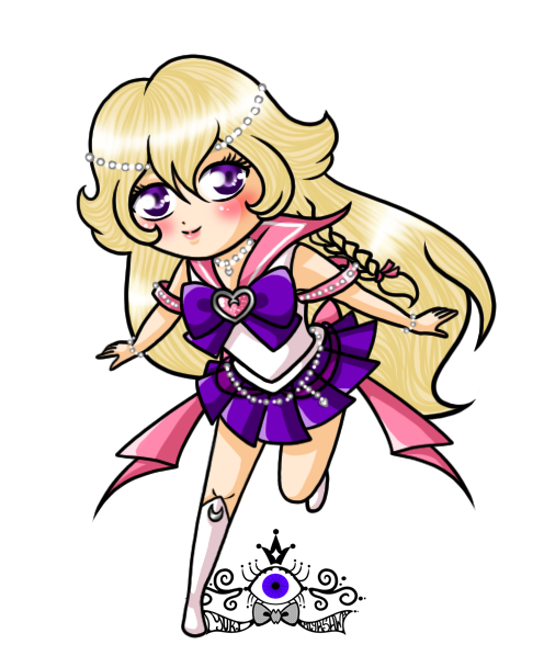 Chibi-style anime girl with blonde hair, purple eyes, and a pink-and-purple sailor outfit, posing dynamically.