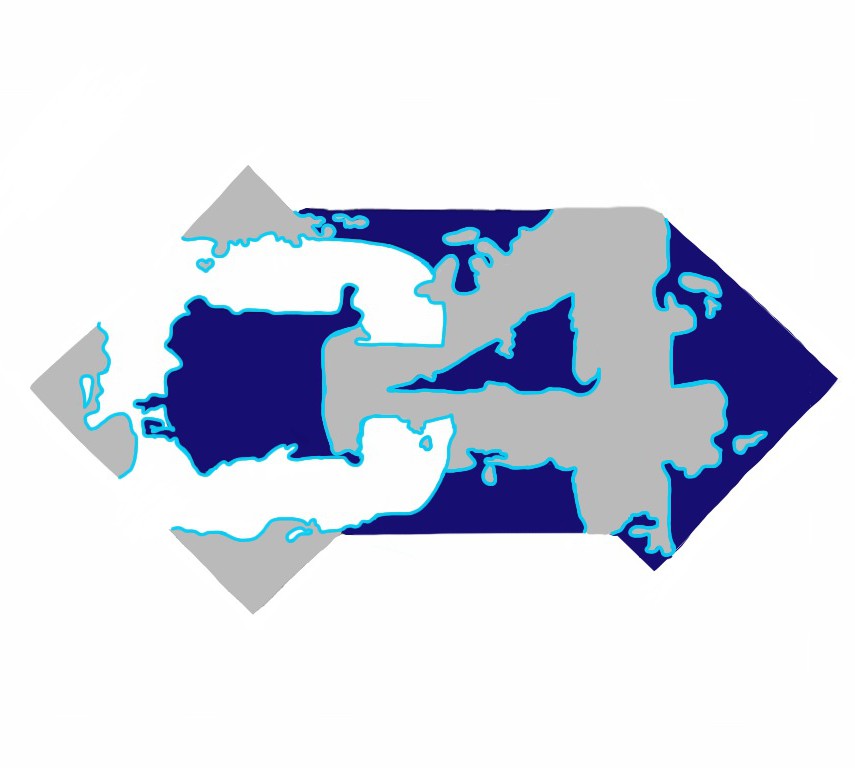 Stylized world map shaped as a right-pointing arrow, with continents in gray and oceans in navy blue, outlined in cyan.