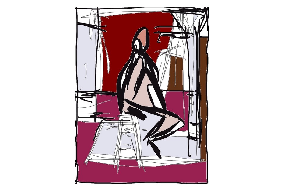 Abstract sketch of a seated figure in a modern interior with bold red and magenta blocks and expressive line work.