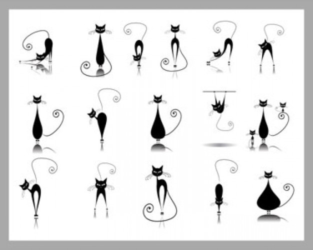 Collection of 15 stylized black-and-white cat silhouettes in playful, artistic poses with elegant curved tails and reflections.