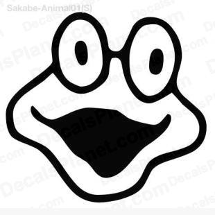 Black-and-white cartoon frog face with large round eyes and a wide smile.