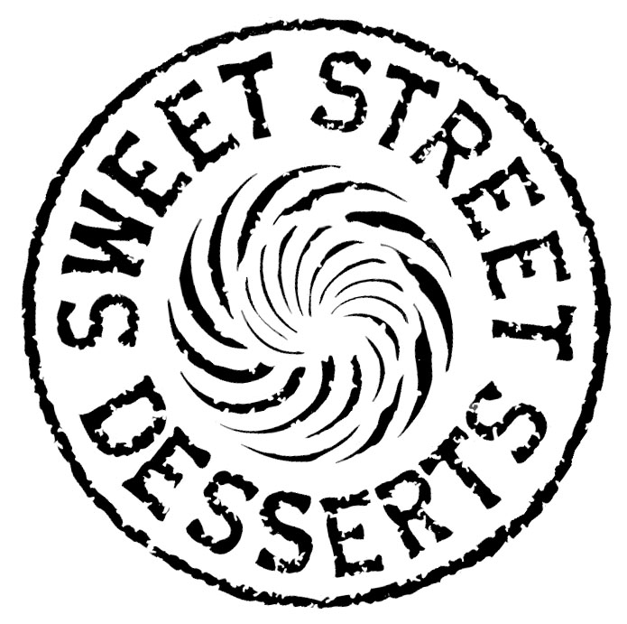 Circular stamp-style logo for "Sweet Street Desserts" with a swirling vortex design in the center.