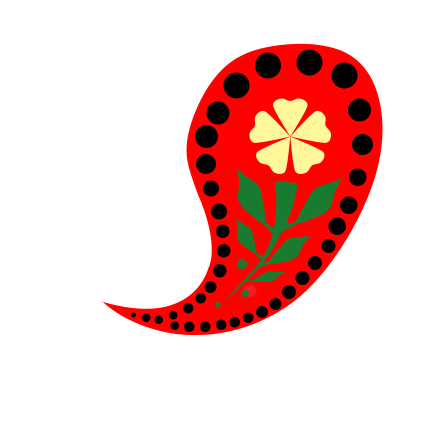 A stylized red ladybug with black spots, green leafy accents, and a yellow segmented head on white background.