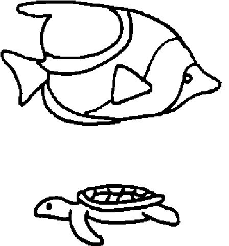 Line drawing of a tropical fish above a sea turtle, both in simple black-and-white outline style.