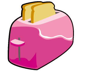 A bright pink cartoon-style toaster with two golden-brown slices of toast popping up.