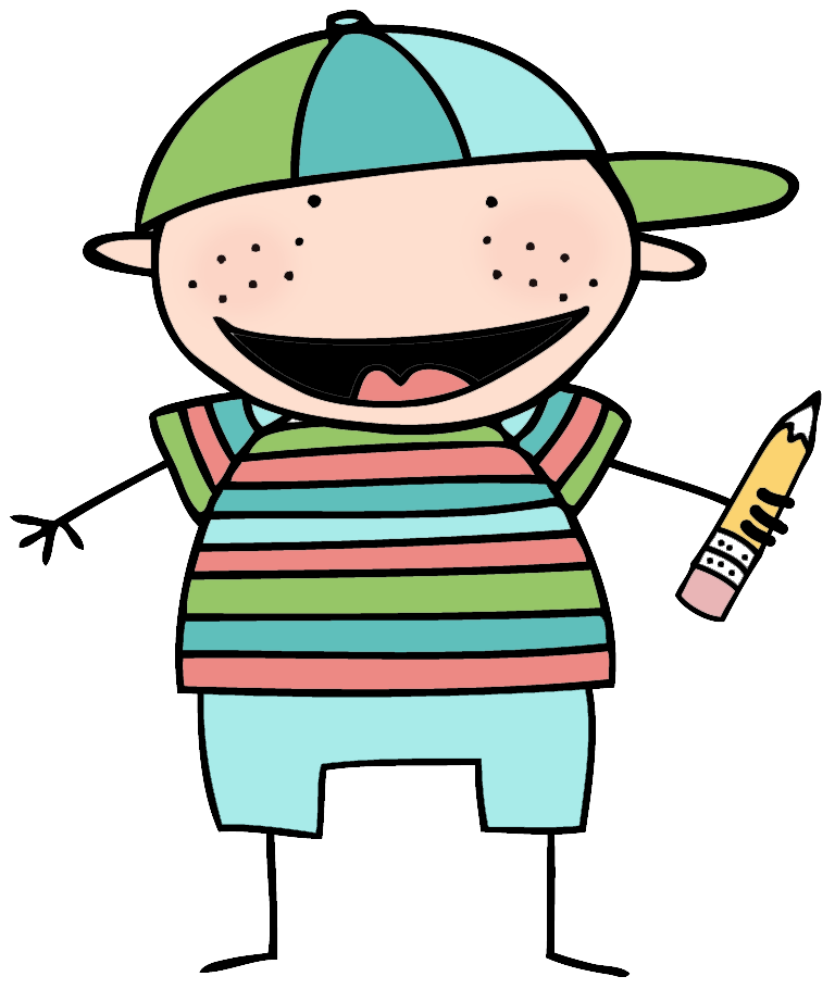 Cheerful cartoon boy with freckles, striped shirt, cap, and pencil in hand, smiling broadly.