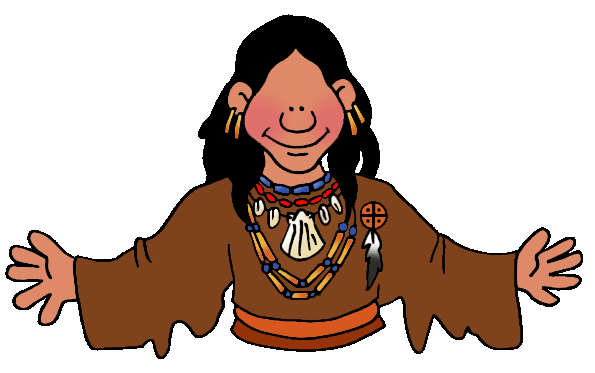 Smiling Indigenous woman in traditional attire with beaded necklaces, feather, and open arms.