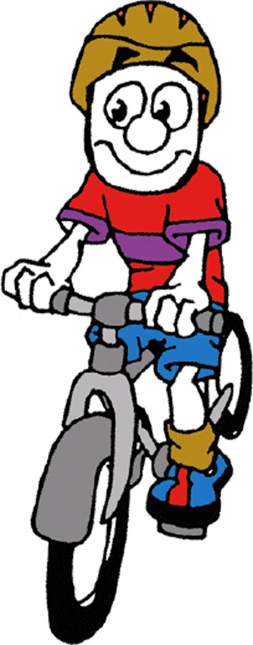 Cheerful cartoon boy wearing a helmet and riding a bicycle with colorful clothes.