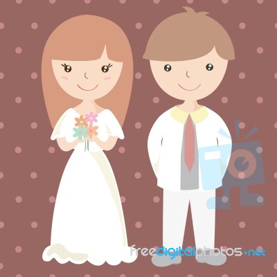 Cartoon bride and groom smiling, holding flowers and a gift box, on polka-dot background.