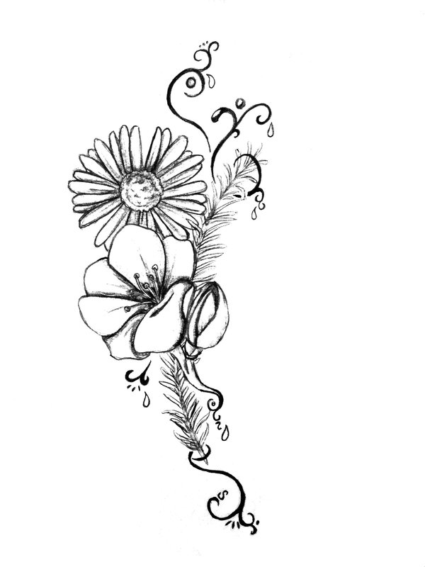 Hand drawn line art and watercolor chamomile flowers. Graphic daisies  blossom, feminine tattoo designs. Blooming floral bouquets Stock  Illustration | Adobe Stock