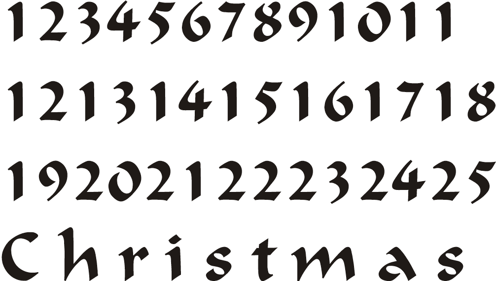 Black gothic-style numerals 1-25 and the word "Christmas" on white background, arranged in four rows for Advent calendar design.