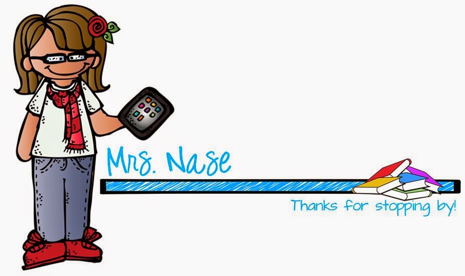 Cartoon teacher Mrs. Nase holding a tablet, with books and a blue banner reading "Thanks for stopping by!"