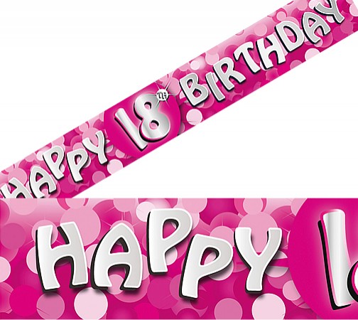 Pink "Happy 18th Birthday" banner with silver text and polka dot background