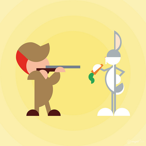 Hunter vs Rabbit Cartoon Illustration - Playful Clash of Wits