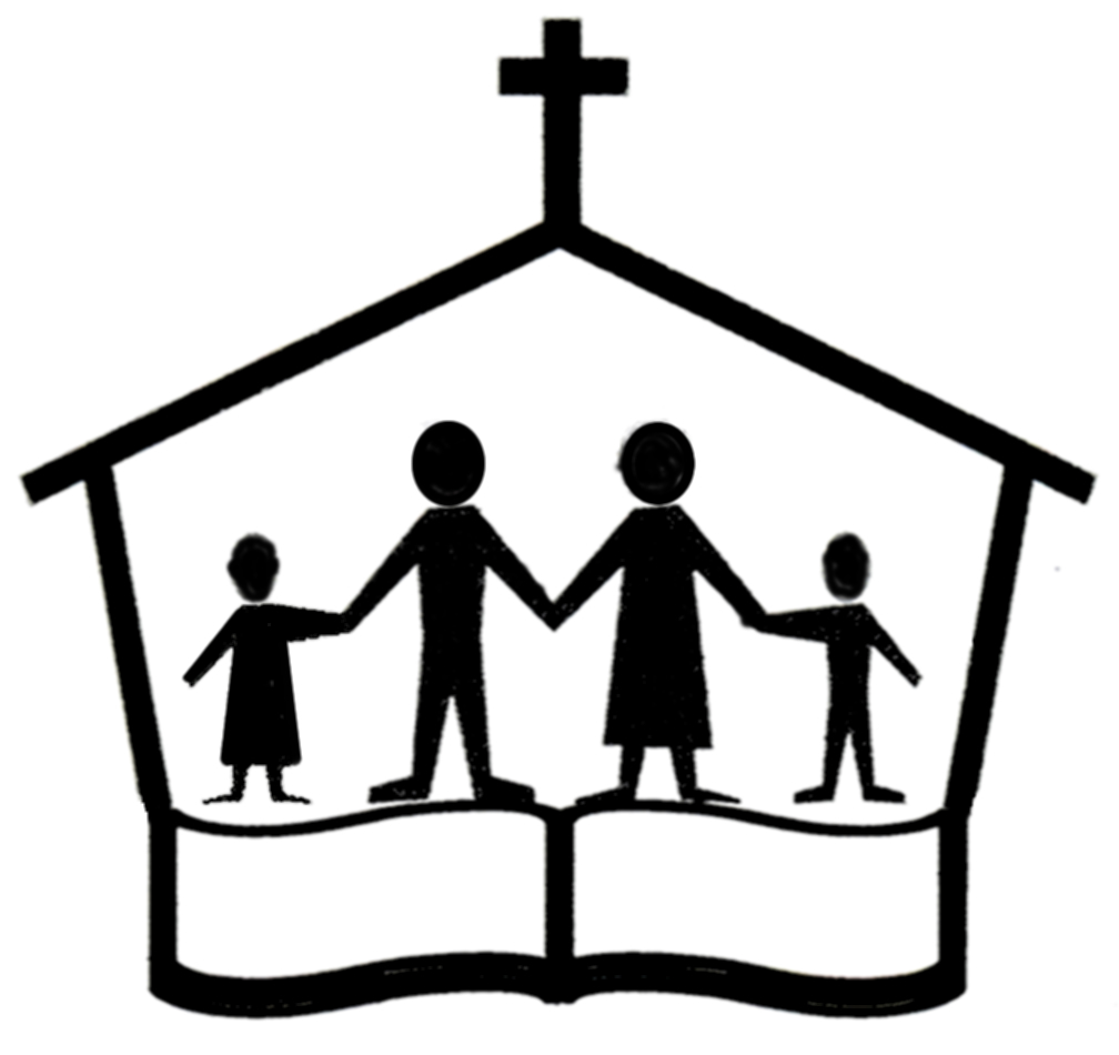 Family holding hands inside a church silhouette atop an open Bible with a cross above.