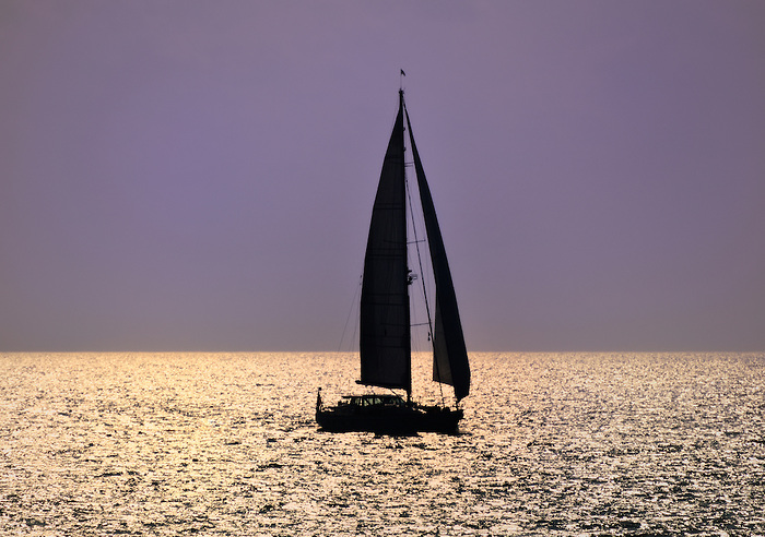 Golden Sailboat Silhouette on Long Island Sound at Sunset 