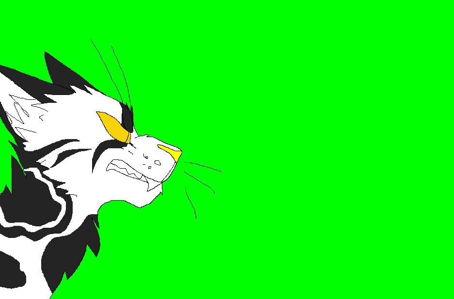 Stylized black-and-white feline creature with yellow eyes and snarling expression against bright green background.