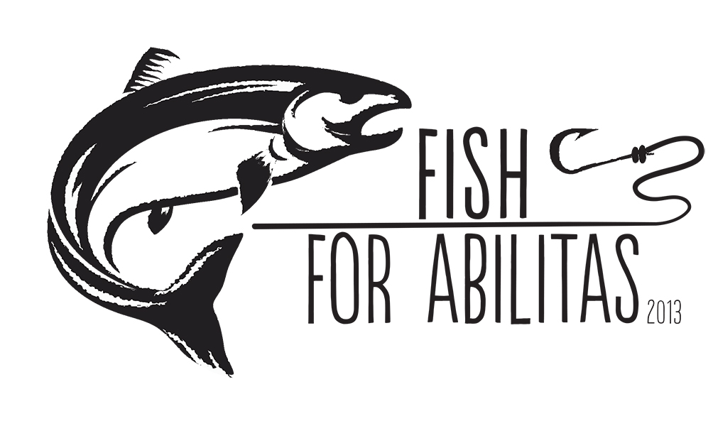 Stylized black-and-white salmon leaping beside text "Fish for Abilitas 2013" with fishing hook graphic.
