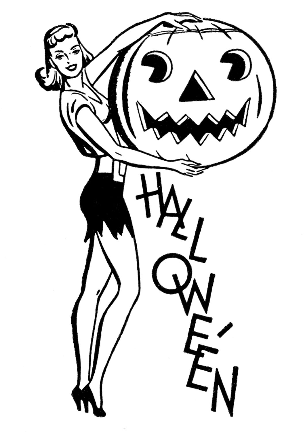 Retro Halloween Clip Art - Pretty Lady with Pumpkin - The Graphics 