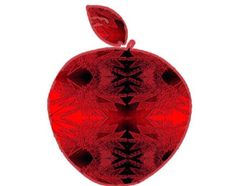 A stylized red apple with geometric black patterns and a leaf, set against white background.